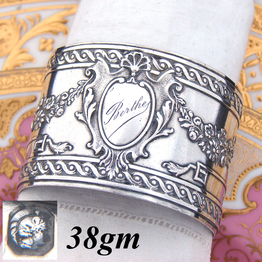 Antique French Sterling Silver Napkin Ring, Empire Style Floral Garland, "Berthe" Inscription
