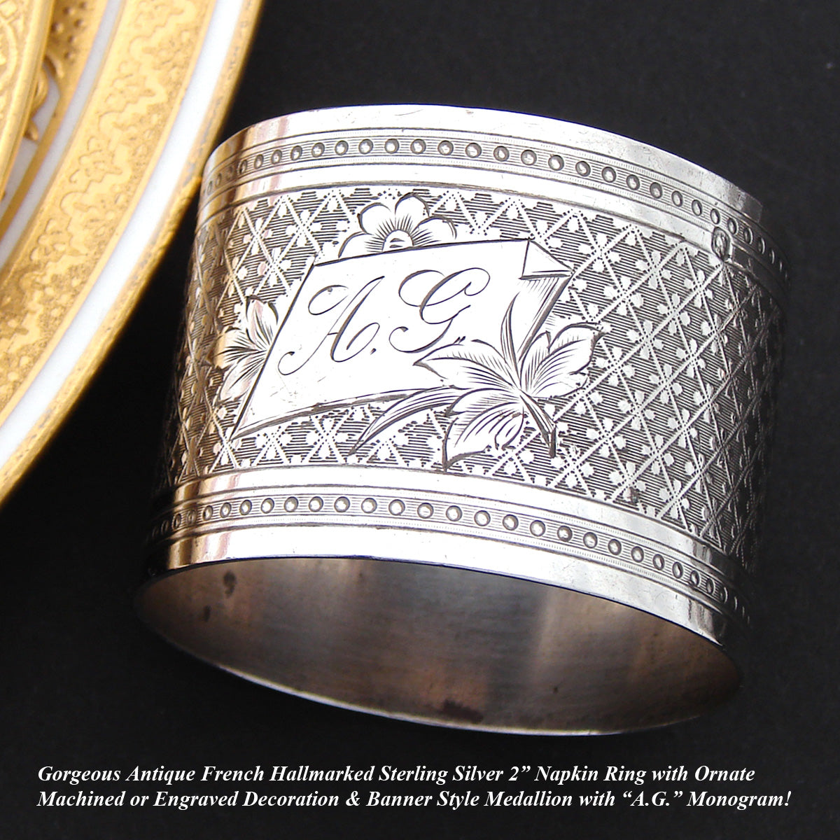 Ornate Antique French Sterling Silver Napkin Ring, Guilloche Style Decoration, "A.G." Monogram