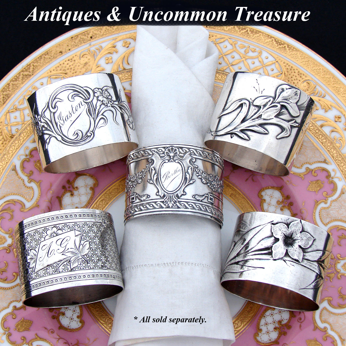 Ornate Antique French Sterling Silver Napkin Ring, Guilloche Style Decoration, "A.G." Monogram