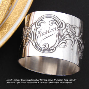 Antique French Art Nouveau Sterling Silver Napkin Ring, Sinuous Floral Decoration, "Gaston"
