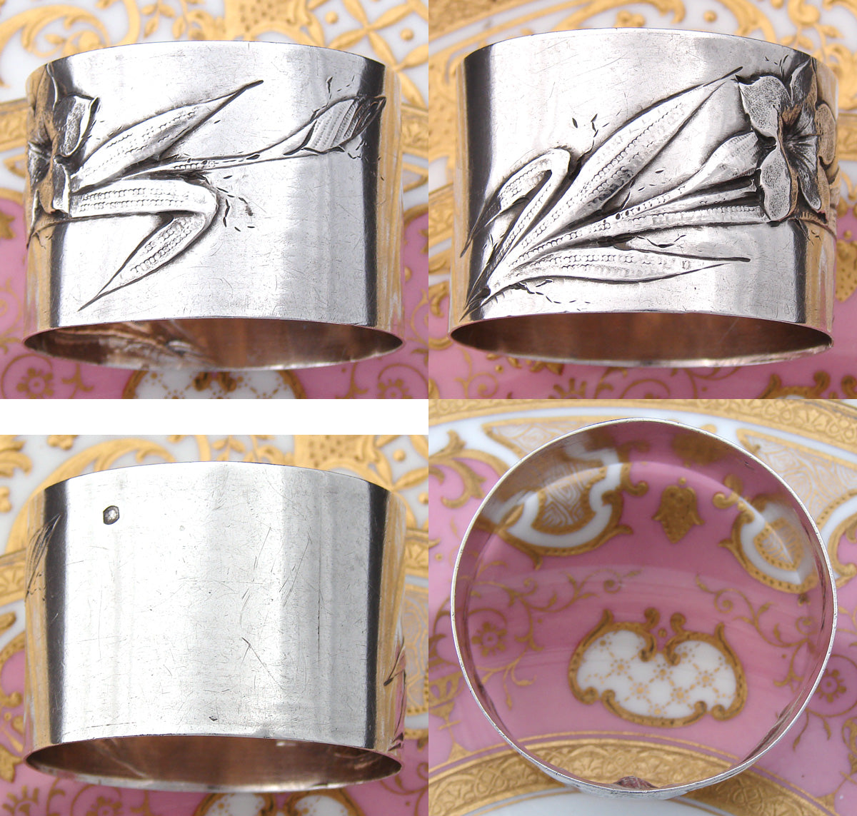 Lovely Antique French Art Nouveau Style Solid Silver Napkin Ring, Flower in Bas Relief