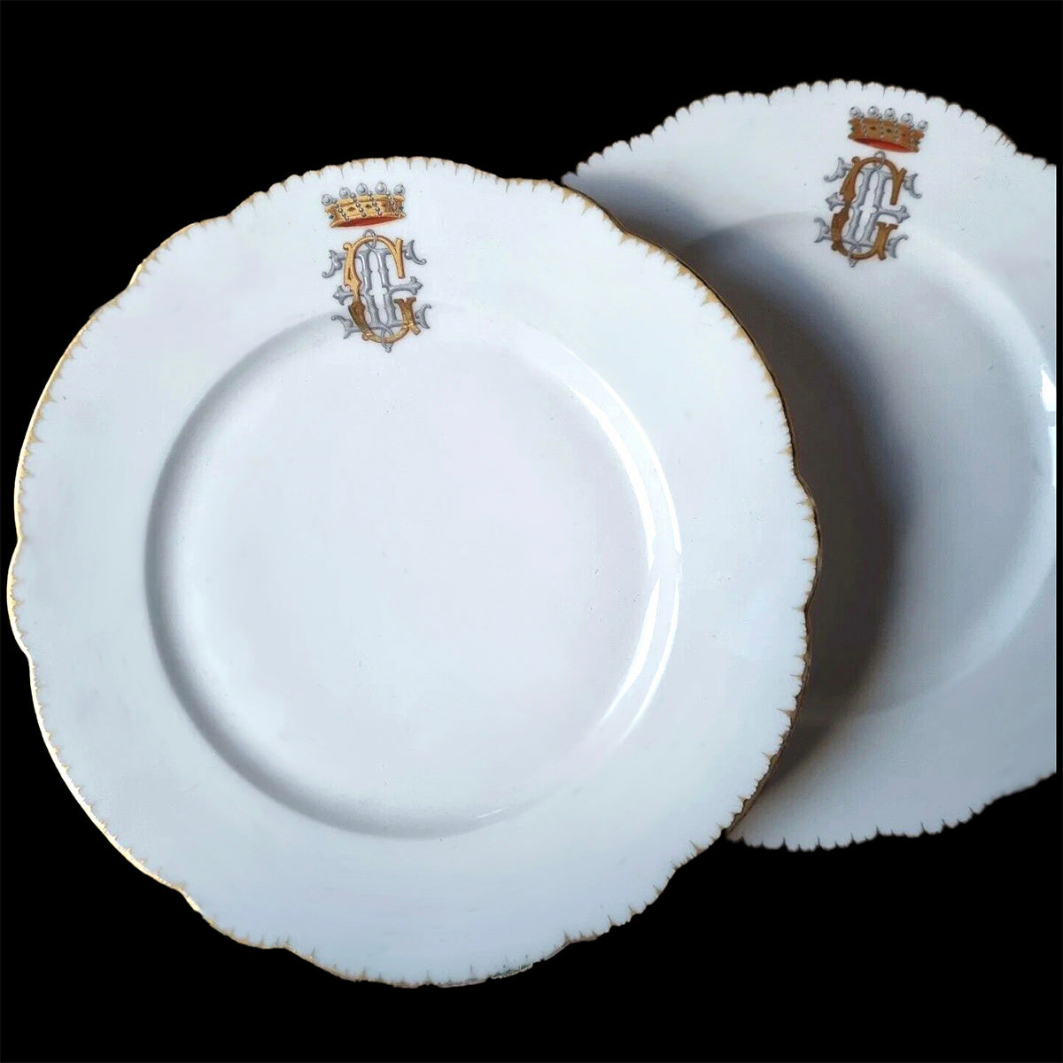 PAIR of Antique French Porcelain Hand Painted Dessert or Salad Plates, Jeweled Crown Monogram