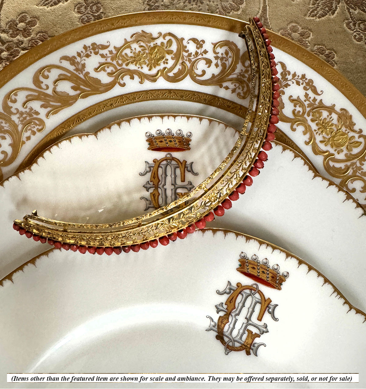 PAIR of Antique French Porcelain Hand Painted Dessert or Salad Plates, Jeweled Crown Monogram