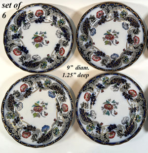 Gorgeous Set of 6 Chinese Import Imari Blue Transferware Plates c. 1830s, Charles Meigh Improved Stone China