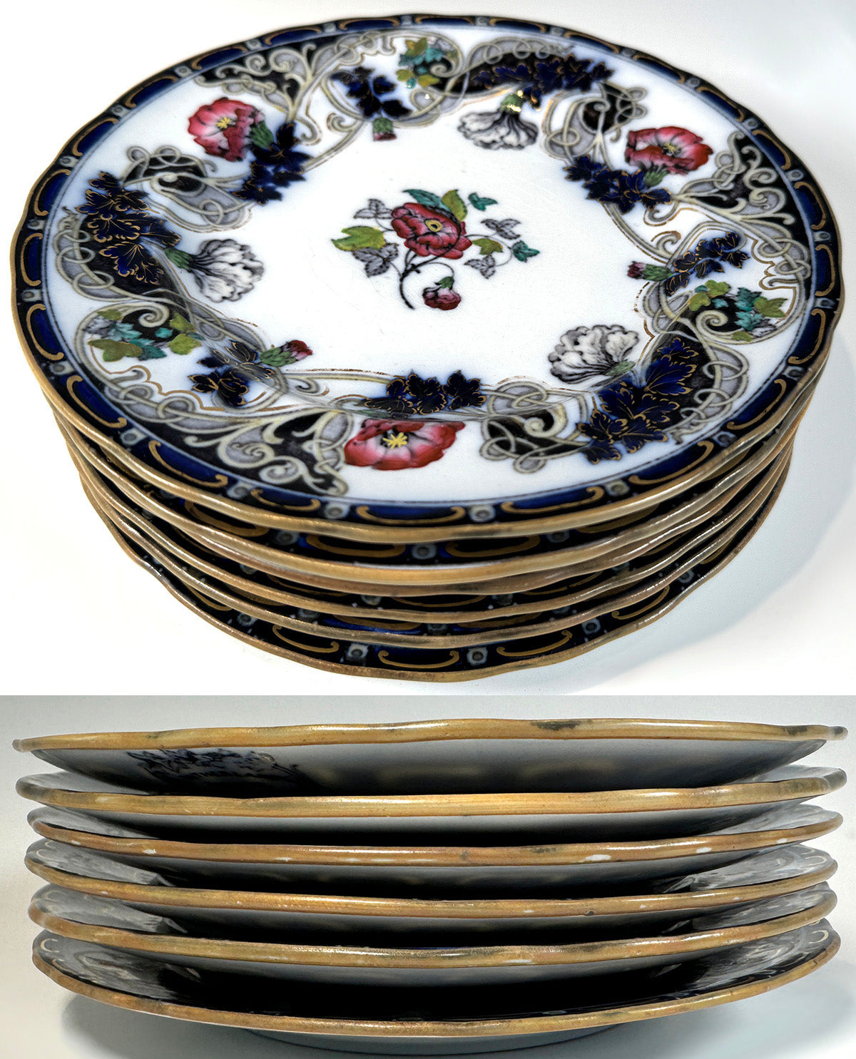 Gorgeous Set of 6 Chinese Import Imari Blue Transferware Plates c. 1830s, Charles Meigh Improved Stone China
