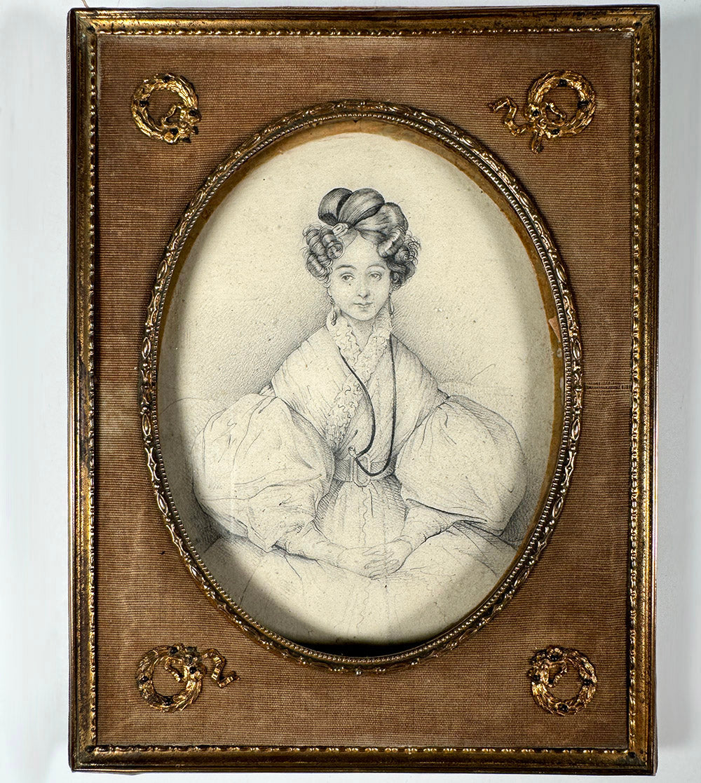 Antique 200 Year Old French Portrait Miniature, Pencil Sketch of a Young Beauty, French Ormolu Empire Frame