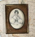 Antique 200 Year Old French Portrait Miniature, Pencil Sketch of a Young Beauty, French Ormolu Empire Frame