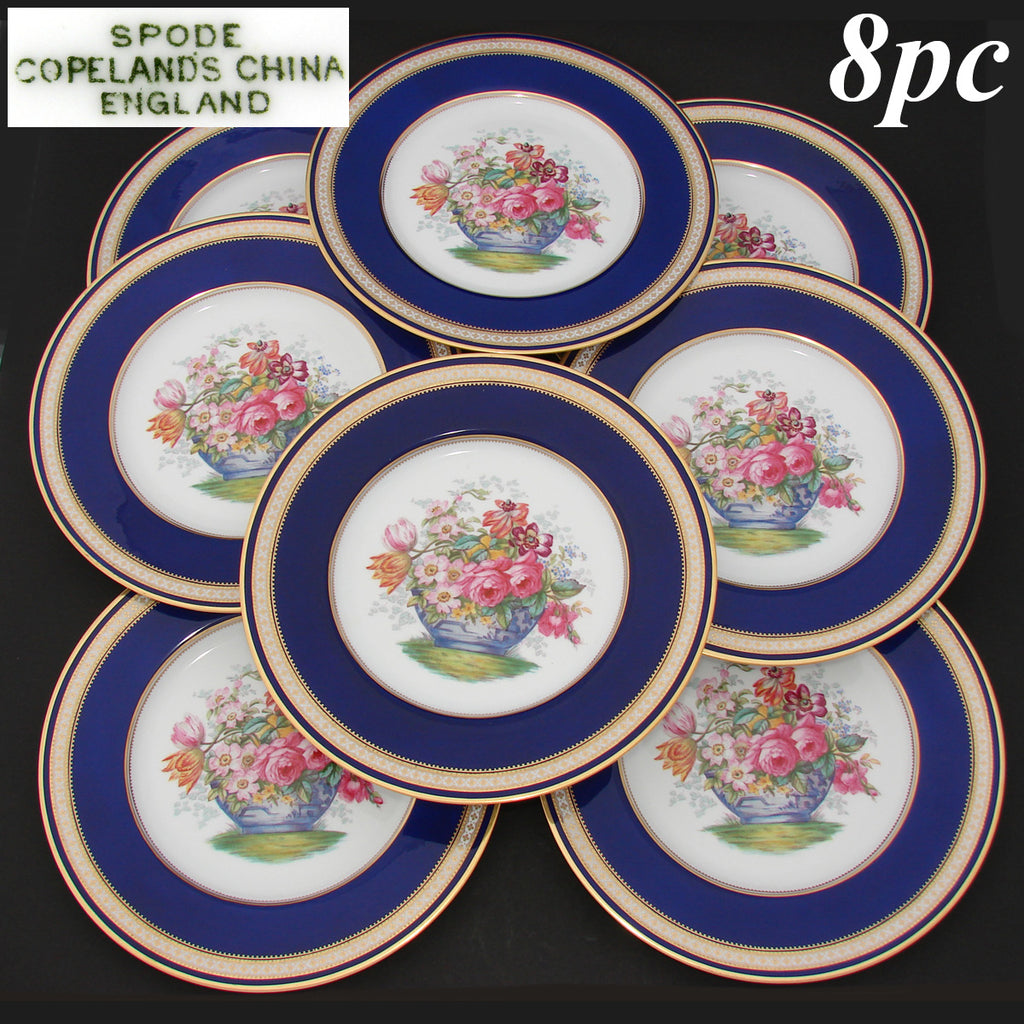 Antique Copeland's Spode English China 8pc 10 3/8" Cabinet Plate Set, Raised Gold Enamel & Cobalt Borders, Flower Baskets