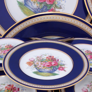 Antique Copeland's Spode English China 8pc 10 3/8" Cabinet Plate Set, Raised Gold Enamel & Cobalt Borders, Flower Baskets