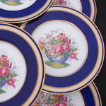 Antique Copeland's Spode English China 8pc 10 3/8" Cabinet Plate Set, Raised Gold Enamel & Cobalt Borders, Flower Baskets