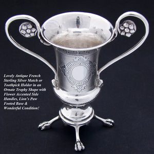 Antique French Sterling Silver Match or Toothpick Holder, Trophy Shape, Lion's Paw Feet