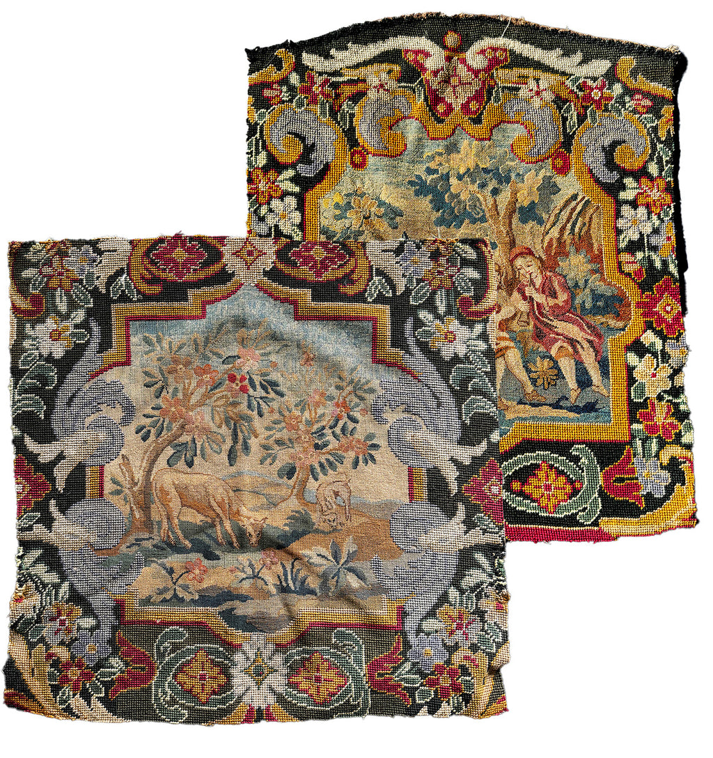 Magnificent Large Pair Antique 18th Century French Needlepoint Tapestry Panels for Pillows or Chair (2)