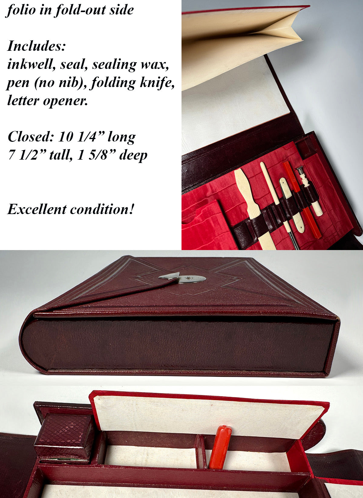 Antique French Writer's Folio, Case, Etui and Ivory Pen, Wax Seal, Pocket Knife, Letter Opener, Inkwell