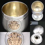 Antique French Sterling Silver 1oz Liqueur Cordial, Goblet with 18k Gold Vermeil Armorial Style Crest