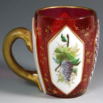 Antique Victorian Era Bohemian Moser Style Ruby Glass Cup or Mug, HP Enamel & Wheel Cut Cabochons