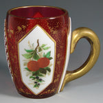 Antique Victorian Era Bohemian Moser Style Ruby Glass Cup or Mug, HP Enamel & Wheel Cut Cabochons