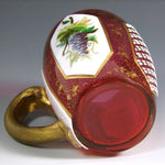Antique Victorian Era Bohemian Moser Style Ruby Glass Cup or Mug, HP Enamel & Wheel Cut Cabochons