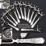 Antique French Rococo Sterling Silver 12pc Manche a Gigot or Lamb Chop Serving Implement Set