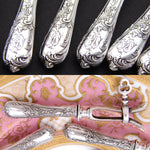 Antique French Rococo Sterling Silver 12pc Manche a Gigot or Lamb Chop Serving Implement Set