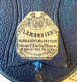 Antique French Hair Art Mourning or Memento in Silk Velvet Easel Back Frame, Lemonnier Maker