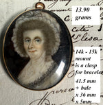 Fine Georgian English Portrait Miniature Lady in Bonnet, 15k Bracelet Clasp Mount Pendant Conversion