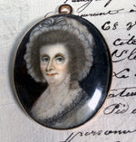 Fine Georgian English Portrait Miniature Lady in Bonnet, 15k Bracelet Clasp Mount Pendant Conversion