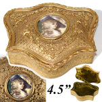 Antique French Gilt Bronze Jewelry Casket, Box with Hand Painted Portrait Miniature