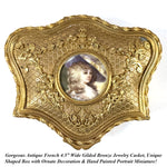 Antique French Gilt Bronze Jewelry Casket, Box with Hand Painted Portrait Miniature