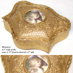 Antique French Gilt Bronze Jewelry Casket, Box with Hand Painted Portrait Miniature