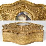 Antique French Gilt Bronze Jewelry Casket, Box with Hand Painted Portrait Miniature