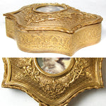 Antique French Gilt Bronze Jewelry Casket, Box with Hand Painted Portrait Miniature