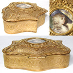 Antique French Gilt Bronze Jewelry Casket, Box with Hand Painted Portrait Miniature