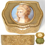 Antique French Napoleon III Bronze Jewelry Casket, Box, Portrait Miniature of Blue Eyed Beauty
