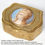 Antique French Napoleon III Bronze Jewelry Casket, Box, Portrait Miniature of Blue Eyed Beauty