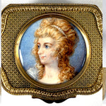 Antique French Napoleon III Bronze Jewelry Casket, Box, Portrait Miniature of Blue Eyed Beauty