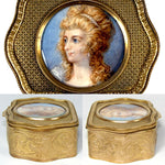 Antique French Napoleon III Bronze Jewelry Casket, Box, Portrait Miniature of Blue Eyed Beauty
