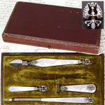 Antique French 4pc Writer's Set, Mother of Pearl & Crown Topped Cross of Lorraine Emblems, Original Box