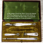 Antique French 4pc Writer's Set, Mother of Pearl & Crown Topped Cross of Lorraine Emblems, Original Box