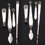 Antique French 4pc Writer's Set, Mother of Pearl & Crown Topped Cross of Lorraine Emblems, Original Box