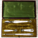 Antique French 4pc Writer's Set, Mother of Pearl & Crown Topped Cross of Lorraine Emblems, Original Box
