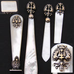 Antique French 4pc Writer's Set, Mother of Pearl & Crown Topped Cross of Lorraine Emblems, Original Box