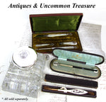 Antique French 4pc Writer's Set, Mother of Pearl & Crown Topped Cross of Lorraine Emblems, Original Box
