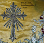Superb 4' x 18" Antique Catholic Alter Cloth, Silk Embroidery and 59" of Gold Metallic 3" Fringe