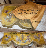 Superb 4' x 18" Antique Catholic Alter Cloth, Silk Embroidery and 59" of Gold Metallic 3" Fringe