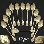 Elegant Antique Hallmarked 12pc Vermeil 4" Demitasse Sized Teaspoon Set, Fiddle Style Pattern