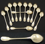Elegant Antique Hallmarked 12pc Vermeil 4" Demitasse Sized Teaspoon Set, Fiddle Style Pattern