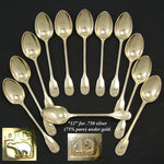 Elegant Antique Hallmarked 12pc Vermeil 4" Demitasse Sized Teaspoon Set, Fiddle Style Pattern