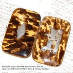 Antique Dutch Tortoise Shell Cigar Case, Silk Lined - Mid- 1800s Tortoiseshell, Silver Carriage & Horse