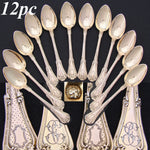 Elegant Antique French Vermeil Gold Plated Solid Silver 12pc Teaspoon Set, Gilt Embossed Box