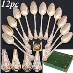 Elegant Antique French Vermeil Gold Plated Solid Silver 12pc Teaspoon Set, Gilt Embossed Box